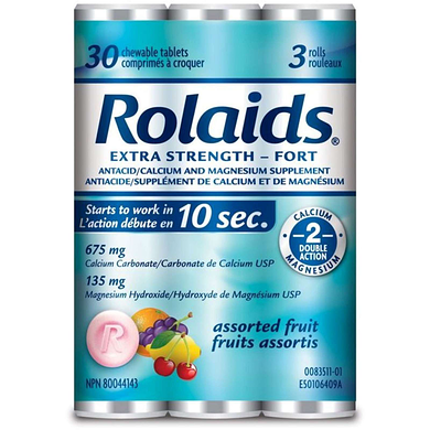 Rolaids Extra Strength Antacid Chewable Tablets, 3 Rolls Per Pack, 30